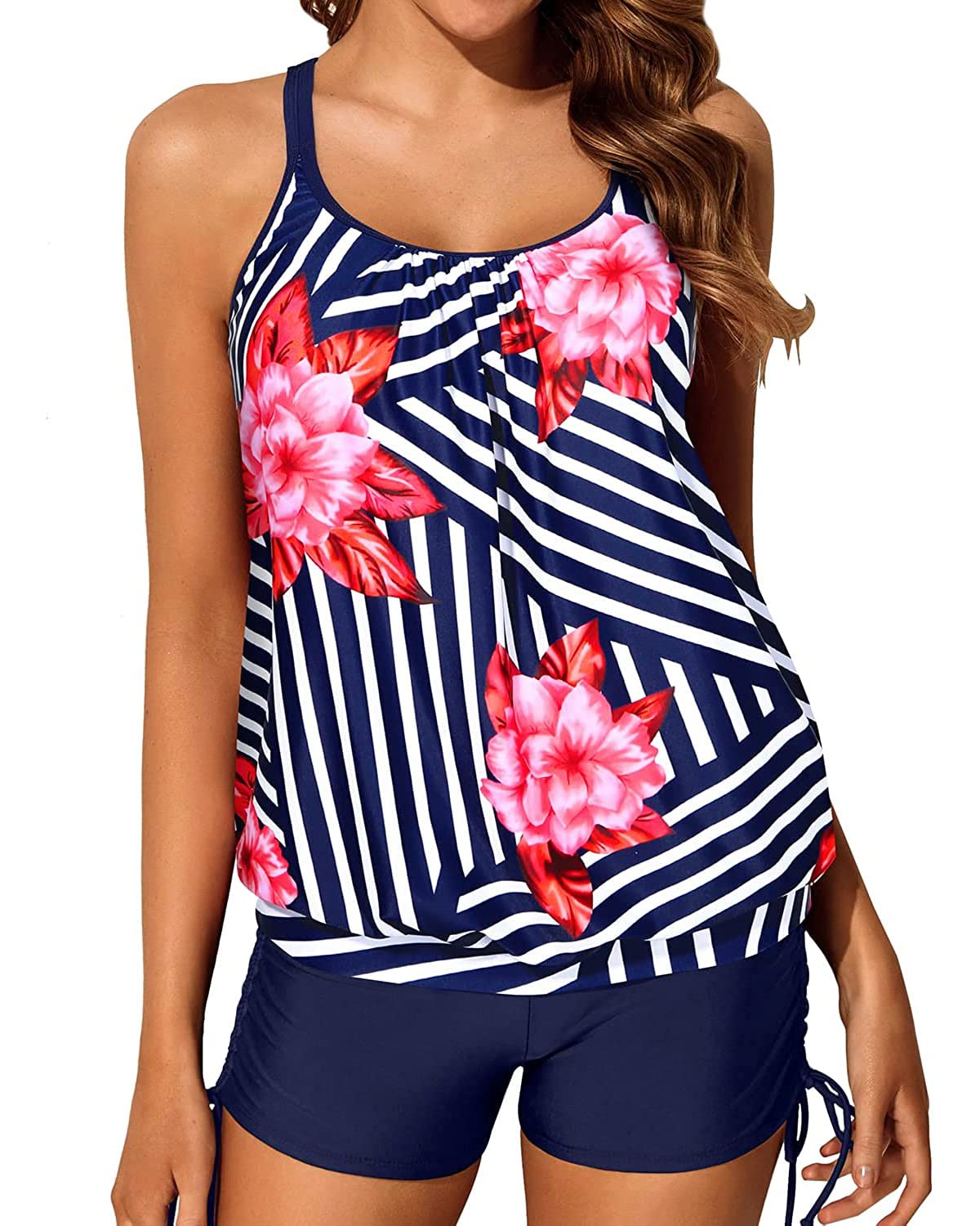 Yonique Women's Blouson Tankini Swimsuits Two Piece Strappy Bathing Suit Tops with Shorts - Criss Cross Swimwear for Beach, Pool & Summer Vacation