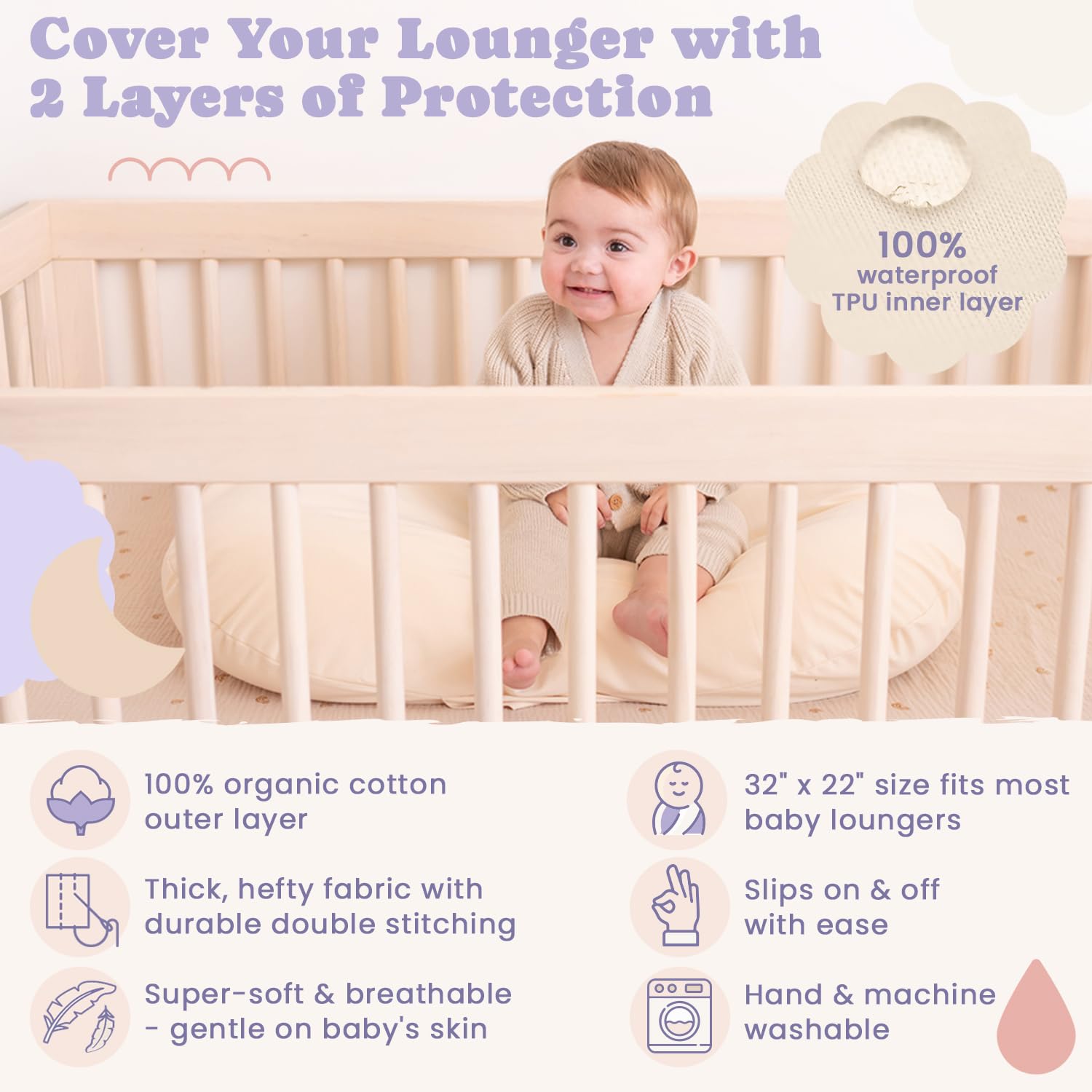 100% Waterproof Baby Lounger Cover - 2-Ply Organic Cotton Slipcover for Ultimate Comfort & Protection - Machine Washable & Hypoallergenic - (Lounger Not Included) - Blue - Perfect for Nursery, Travel & Playtime