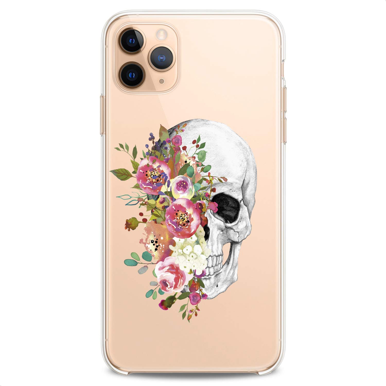 Premium TPU Phone Case for iPhone 16/15/14/13/12/11 Pro Max/Plus/Mini/XS/XR/X/8+/7/6/5/SE - Clear Floral Skull Design, Boho Pink Cute Flowers Print, Slim Flexible Silicone Protective Cover - Perfect for Teens, Girls, Fashion Lovers & Everyday Use