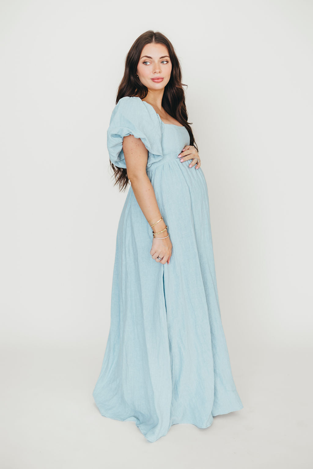 Candace Maxi Dress in Light Blue | 100% Linen Maternity Dress | Bump Friendly & Comfortable | Perfect for Summer, Beach, and Casual Outings
