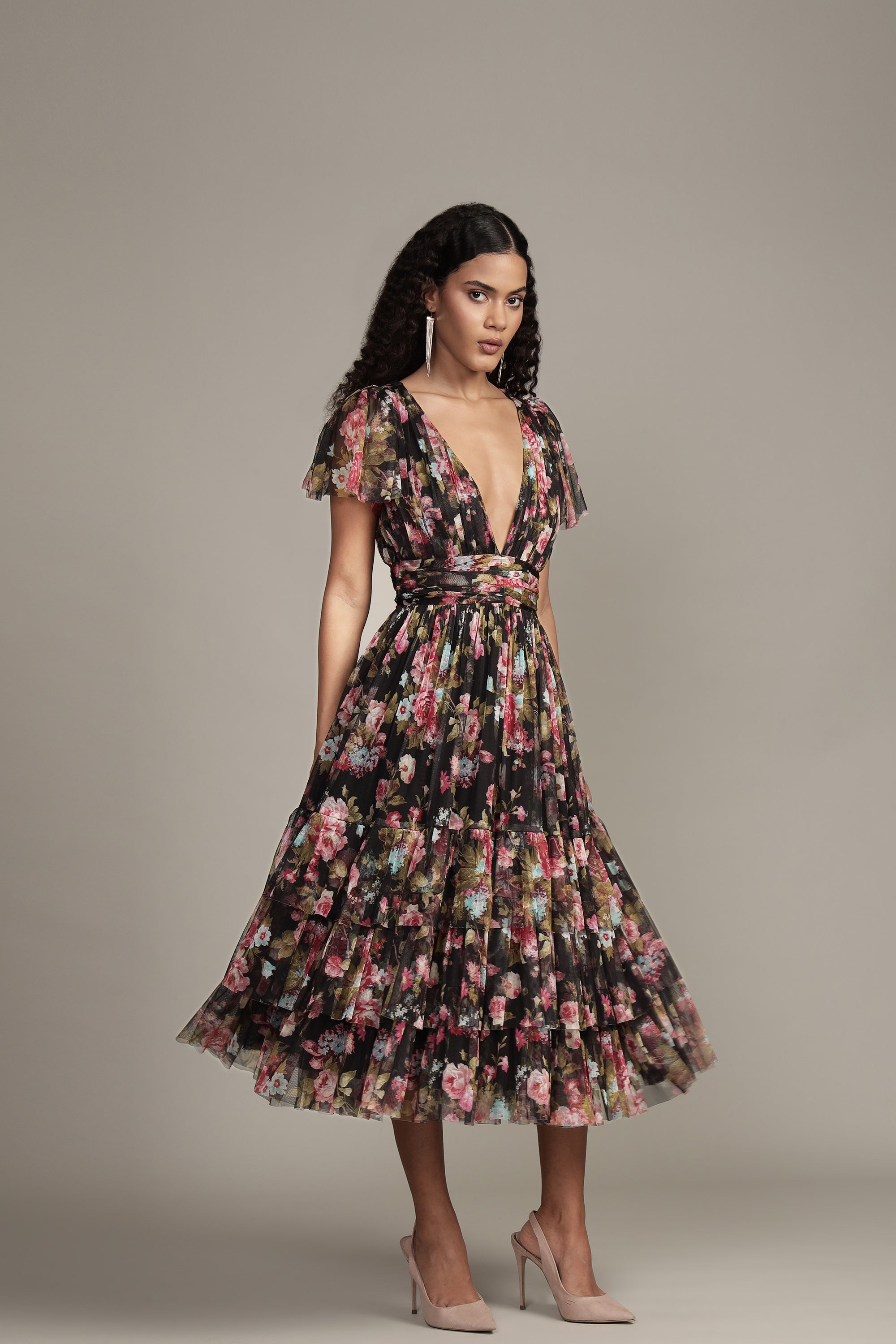 Madison Black Floral Tulle Midi Dress for Women - Elegant A-Line Party Dress for Weddings, Cocktail Parties & Special Occasions