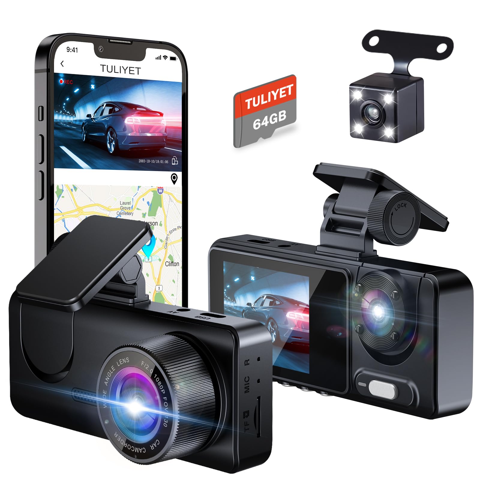 1080P Front and Rear Dash Cam for Cars with 64GB SD Card, 170° Wide Angle, 2