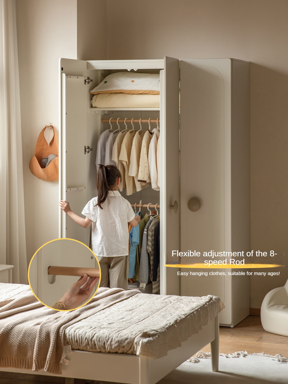 Pine Solid Wood White Cream Children's Wardrobe - Kids Bedroom Storage Organizer for Clothes, Toys & Books - Perfect for Nursery, Bedroom & Playroom Organization