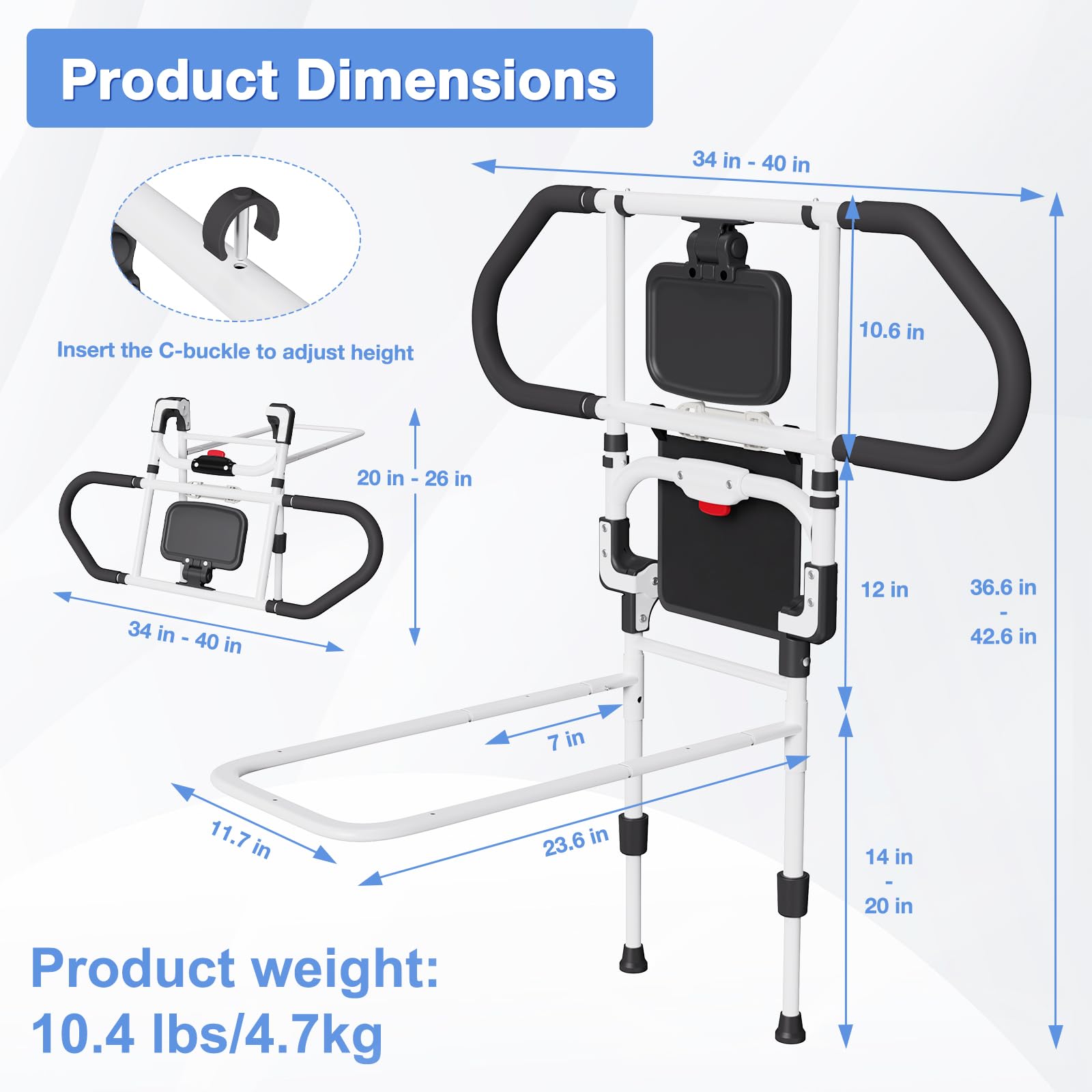 Adjustable Bed Rails for Elderly Adults - Safety Bed Assist Rails with Sensor Light & Storage Pocket - Foldable Bedside Support for Twin/Full/Queen/King Mattresses - Ideal for Seniors, Post-Surgery Recovery, and Home Care Use