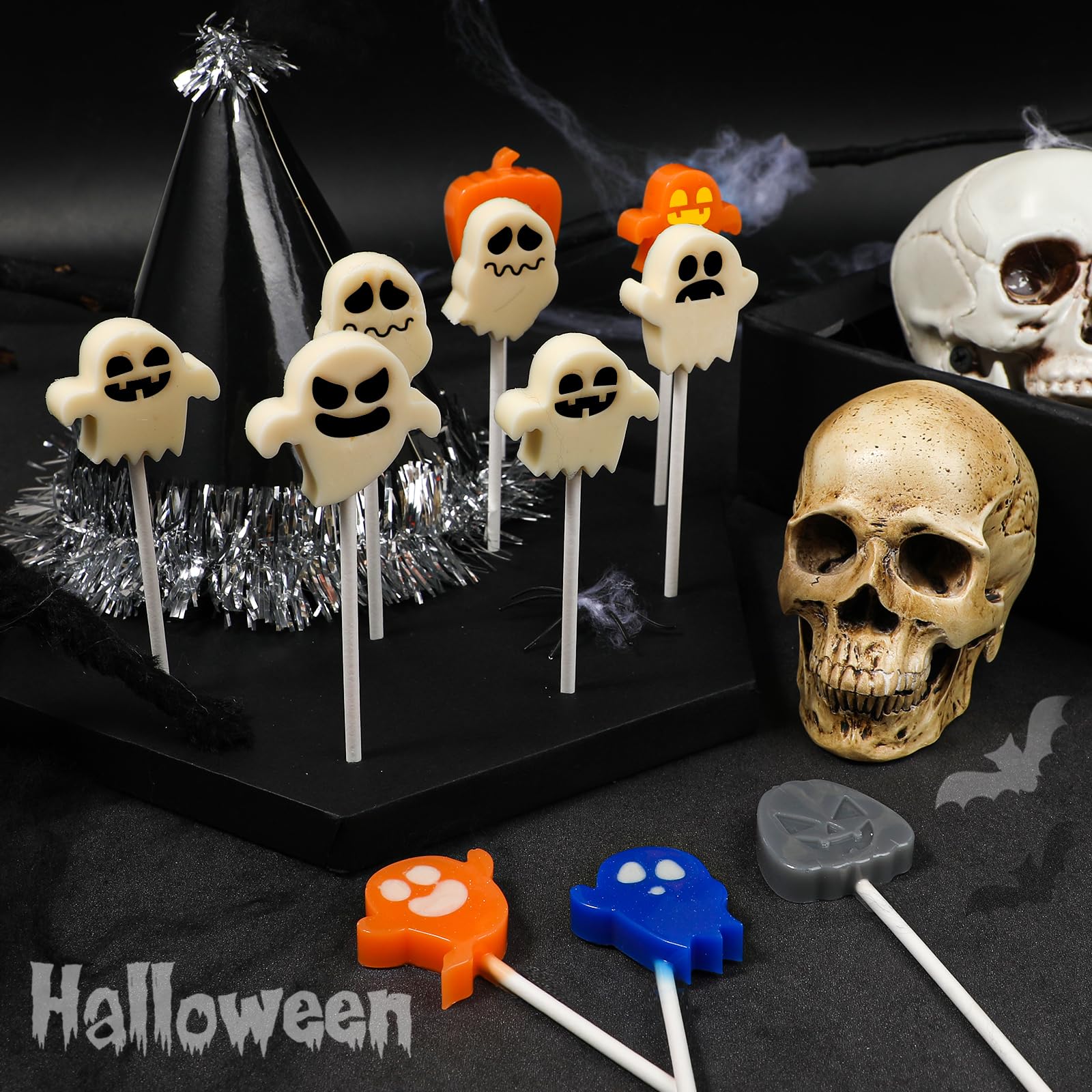 Halloween Silicone Lollipop Molds Set - Pumpkin & Ghost Shaped DIY Candy Chocolate Molds with 100 Paper Sticks for Homemade Treats | Perfect for Halloween Parties, Trick-or-Treat Favors & Holiday Baking