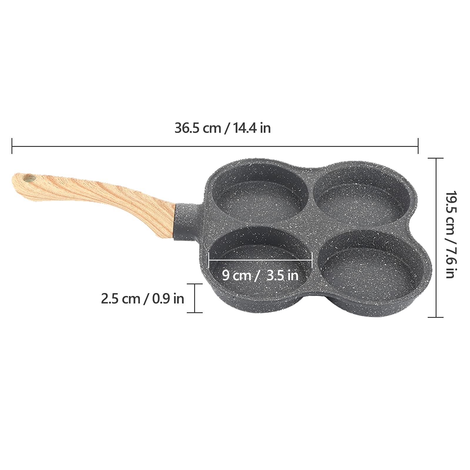 Nonstick 4-Hole Egg Frying Pan with Wooden Handle - Aluminum Omelette & Pancake Cooker for Perfect Poached Eggs, Burgers & Steaks - Ideal for Breakfast, Brunch & Quick Meals