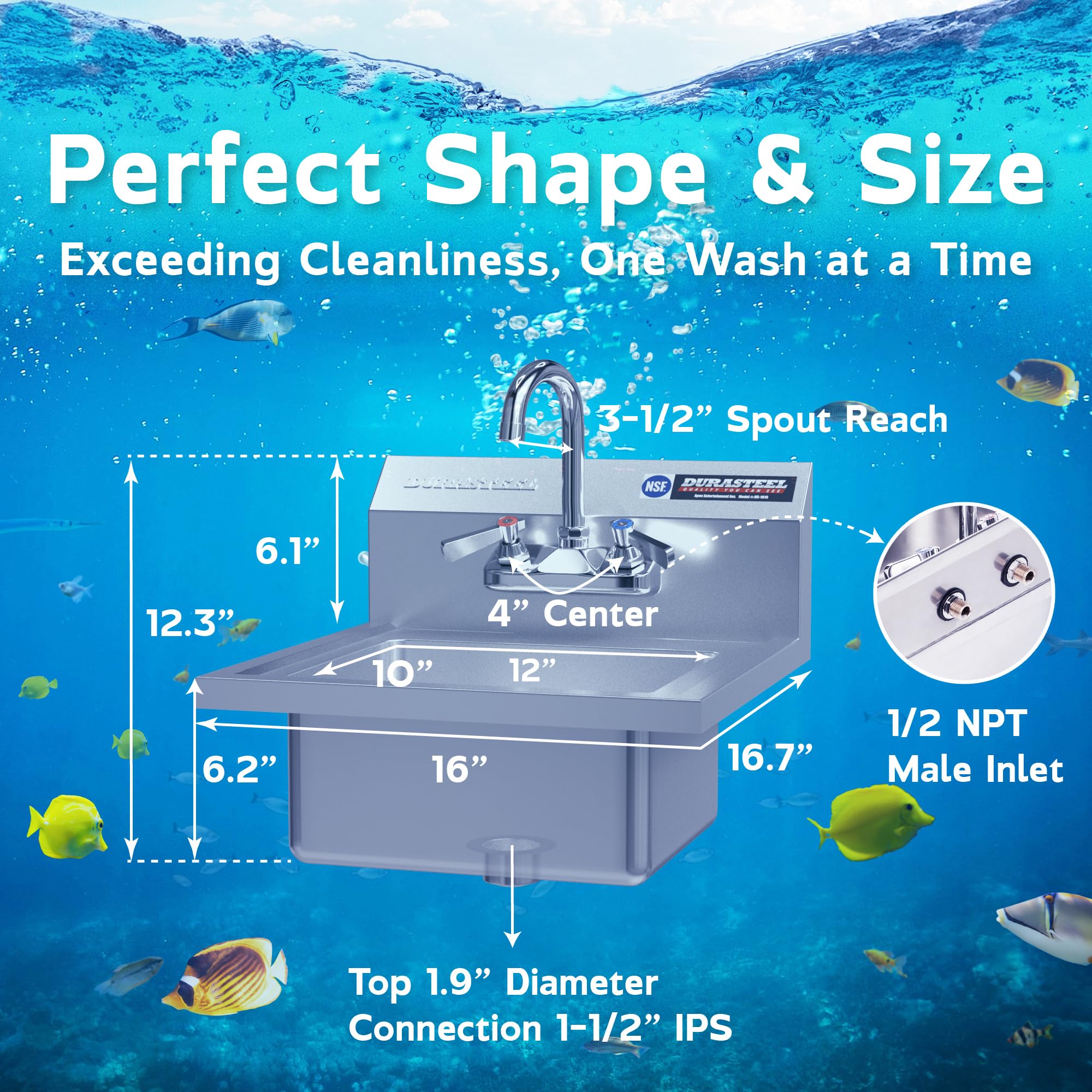DuraSteel NSF Certified Commercial Stainless Steel Wall Mount Kitchen Sink - 12
