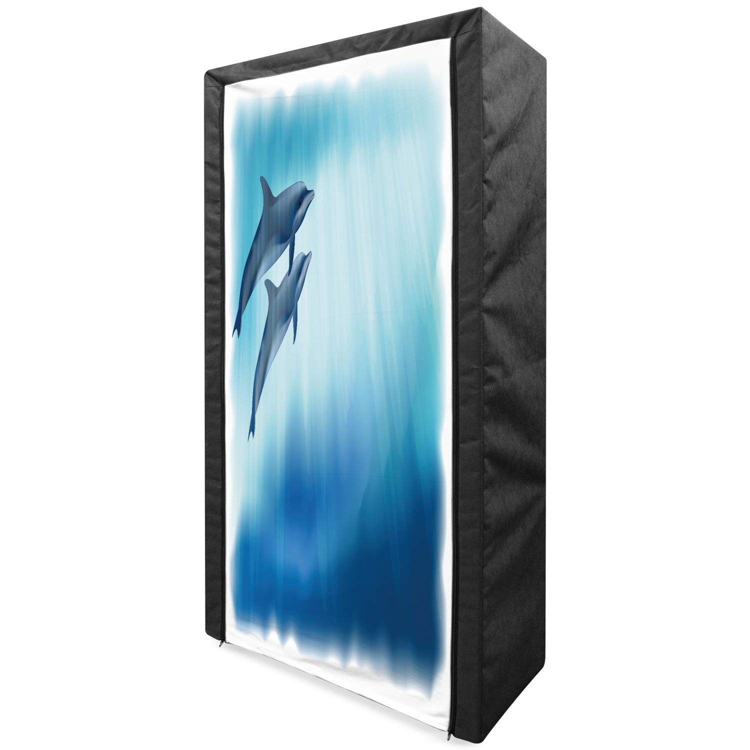 Ambesonne Dolphin Portable Fabric Wardrobe - Watercolor Style Underwater Scene with Ocean Mammals | 33.5 Inch Clothing Organizer & Storage Closet with Shelves | Dark Blue & Pale Blue | Perfect for Bedroom, Dorm, or Small Space Organization