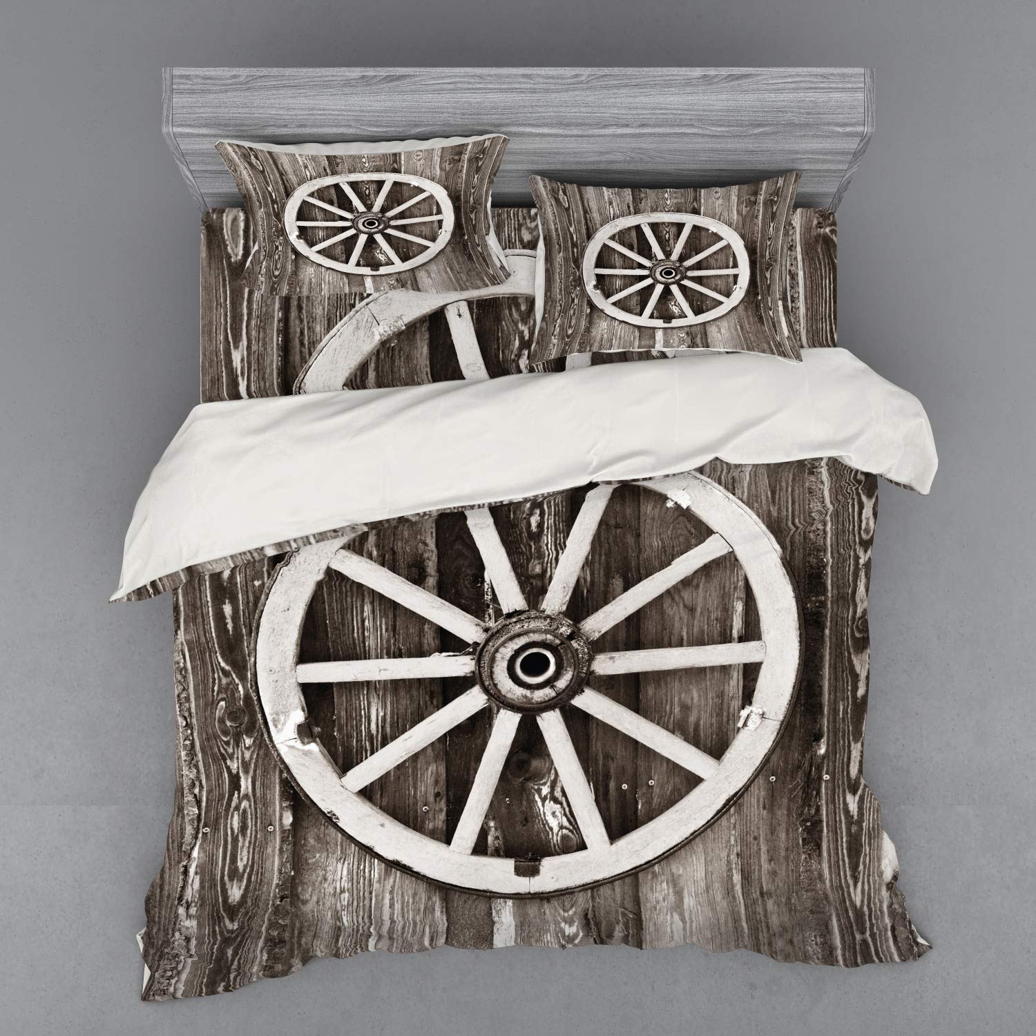 Ambesonne Vintage Barn Wood Wagon Wheel 4-Piece King Size Bedding Set - Duvet Cover with Shams & Fitted Sheet in Dark Brown & White | Perfect for Farmhouse, Rustic & Country Style Bedrooms