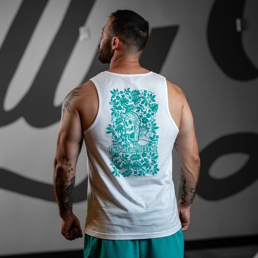 Tropical Death Aqua Tank - White | Trendy Graphic T-Shirt for Men & Women | Perfect for Beach, Vacation & Summer Outfits