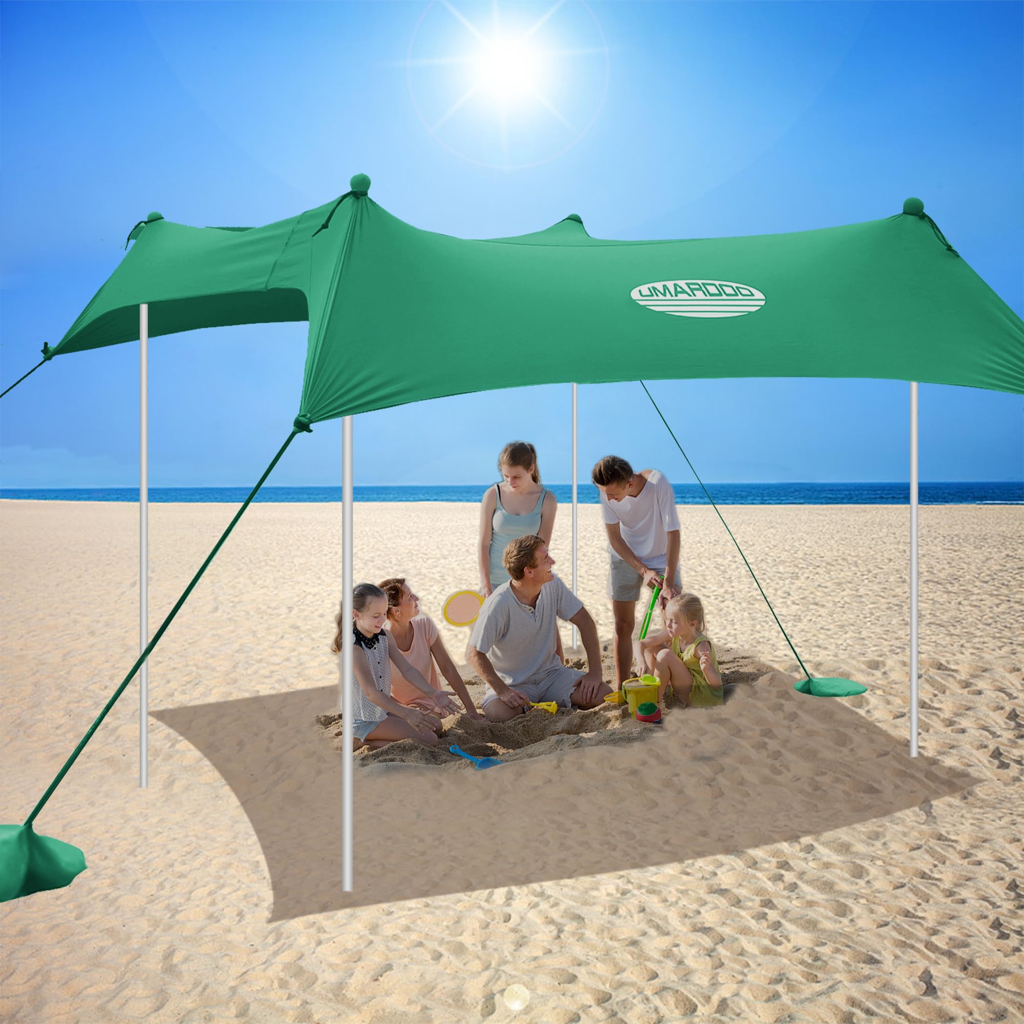 UMARDOO 10x10 FT Portable Beach Tent - Easy Setup Sun Shelter with Carry Bag, Compact & Lightweight for Family Outdoor Travel, Picnics, Camping & Beach Days (Green, 4 Poles)