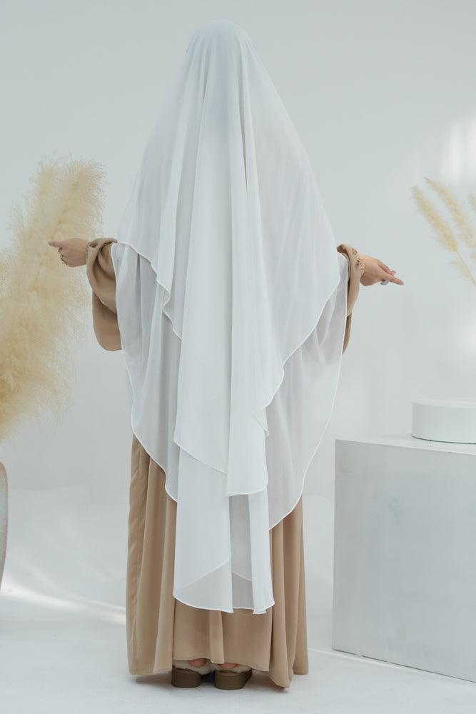 Extra Long Two Layer Chiffon Khimar Scarf - Elegant White Muslim Prayer Shawl for Women | Perfect for Hijab, Prayer, and Special Occasions