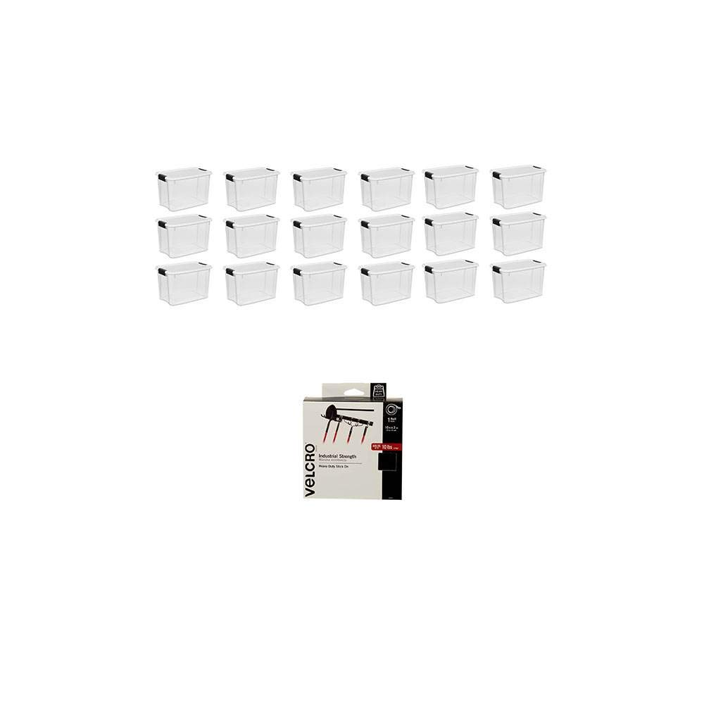 Sterilite 30 Quart Clear Plastic Storage Boxes (18 Pack) with VELCRO® Brand Adhesive Strips - Organize Closet, Garage, Office & Home Supplies | Stackable Bins for Seasonal Decor, Toys & Bulk Items