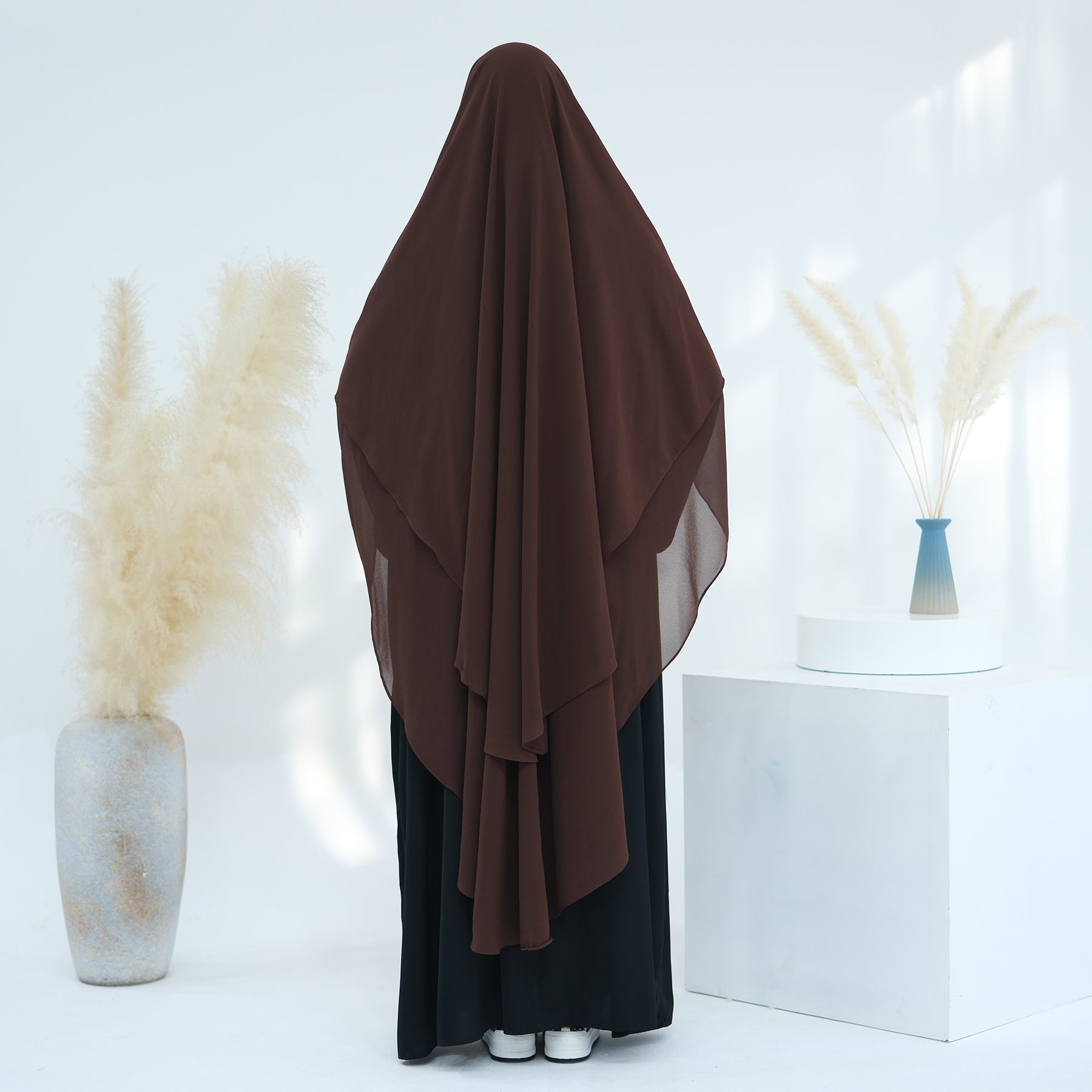 2 Layer Maxi Chiffon Khimar Scarf - Elegant Coffee Color Muslim Prayer Hijab for Women, Perfect for Daily Wear, Prayer, and Special Occasions