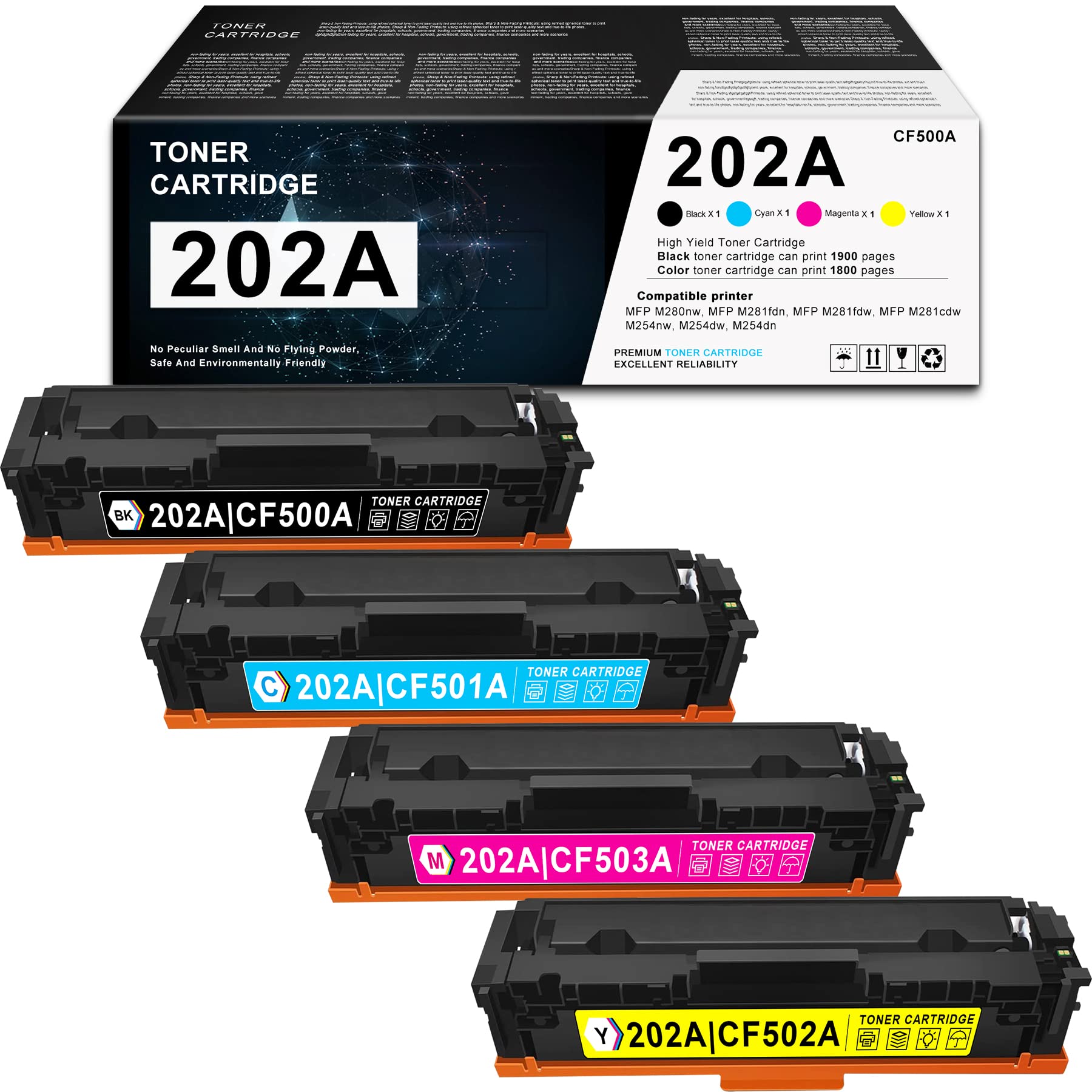 HP Compatible 202A CF500A CF501A CF502A CF503A Toner Cartridge 4-Pack (Black, Cyan, Magenta, Yellow) - Replacement for HP MFP-M281fdn MFP-M281fdw MFP-M280nw MFP-M281cdw M254nw M254dw M254dn Printers - Ideal for Home Office & Small Business Printing Needs