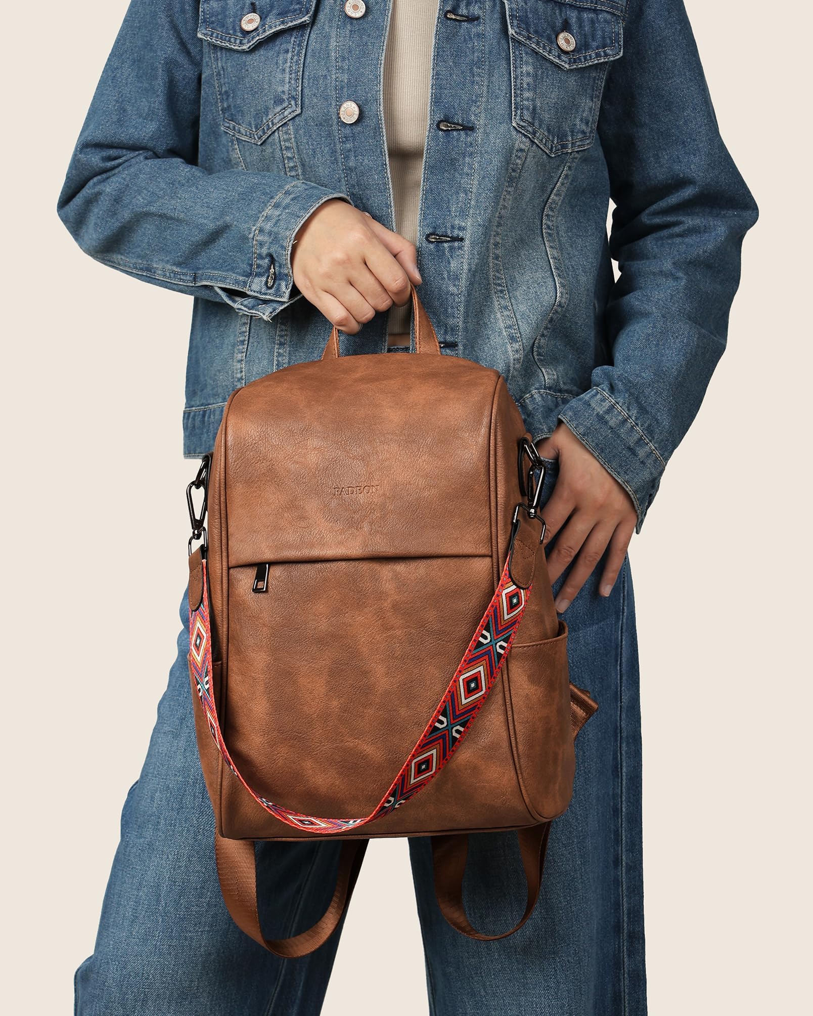 FADEON Anti Theft Backpack for Women - Stylish Faux Leather Laptop Backpack with Hidden Back Opening, Secure Work Bag & Travel Purse (Brown) - Perfect for Office, Commute & College Campus Use