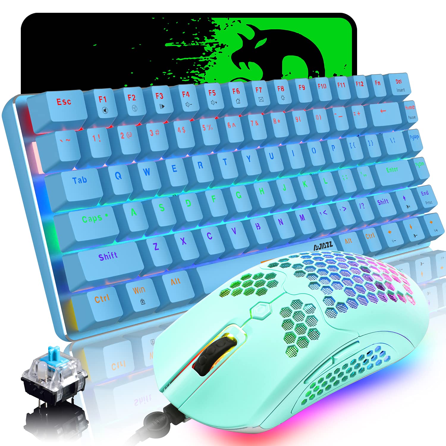 Wired Gaming Keyboard and Mouse Combo - Blue LED Backlit Keyboard, RGB 12000 DPI Honeycomb Gaming Mouse with Large Mouse Pad for PC Gamers | Perfect for FPS, MOBA & Esports Gaming (Blue)