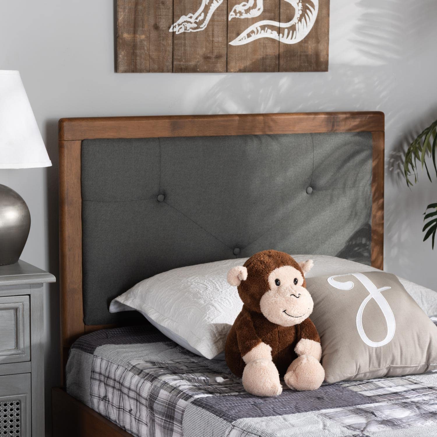 Baxton Studio Abner Modern Twin Size Headboard - Dark Grey Fabric Upholstery with Walnut Brown Wood Finish | Perfect for Contemporary Bedrooms, Guest Rooms & Small Spaces