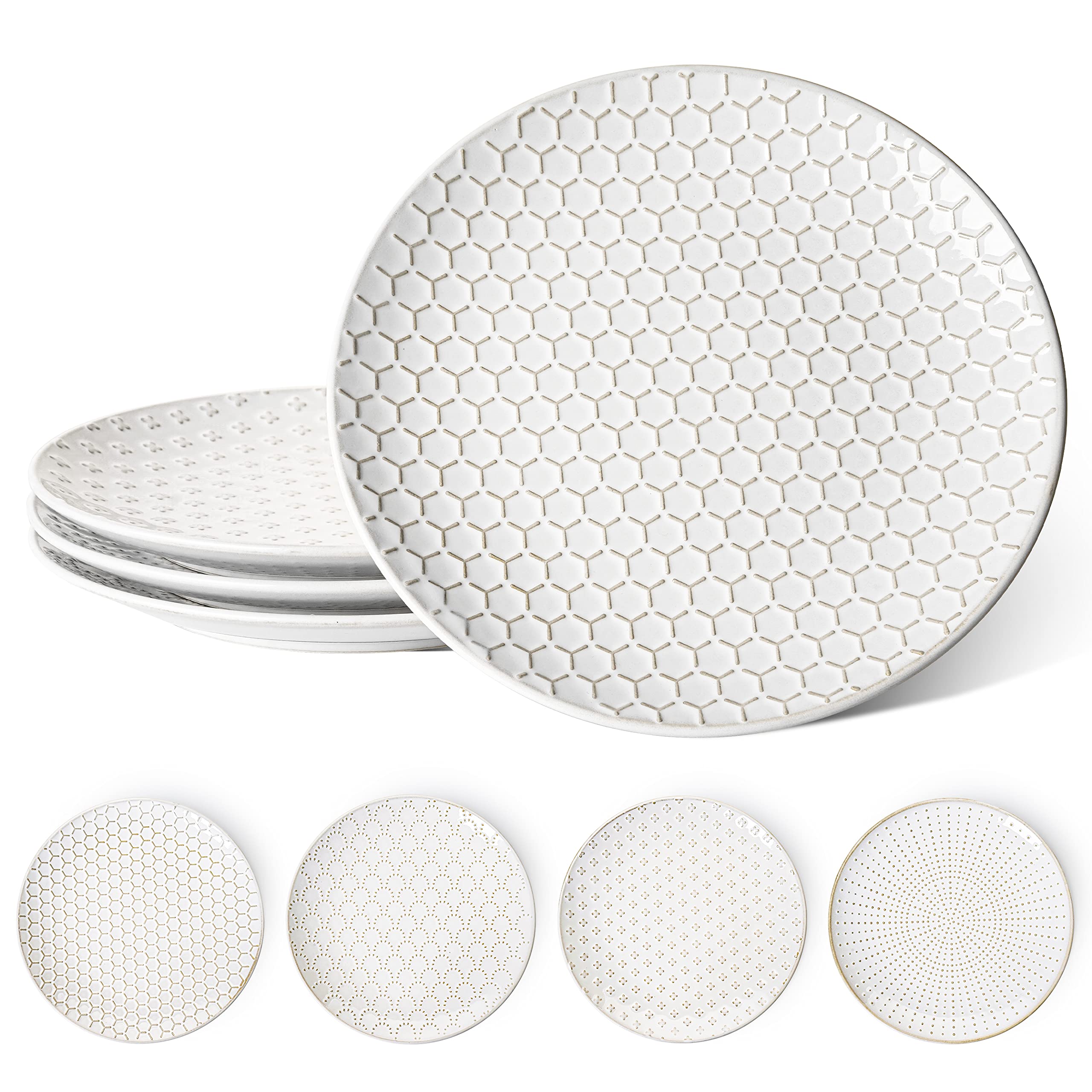 LE TAUCI 10 Inch Ceramic Dinner Plates Set of 4 - Microwave & Dishwasher Safe, Embossed Design - Perfect for Housewarming, Wedding Gifts, Daily Dining & Entertaining - Arctic White