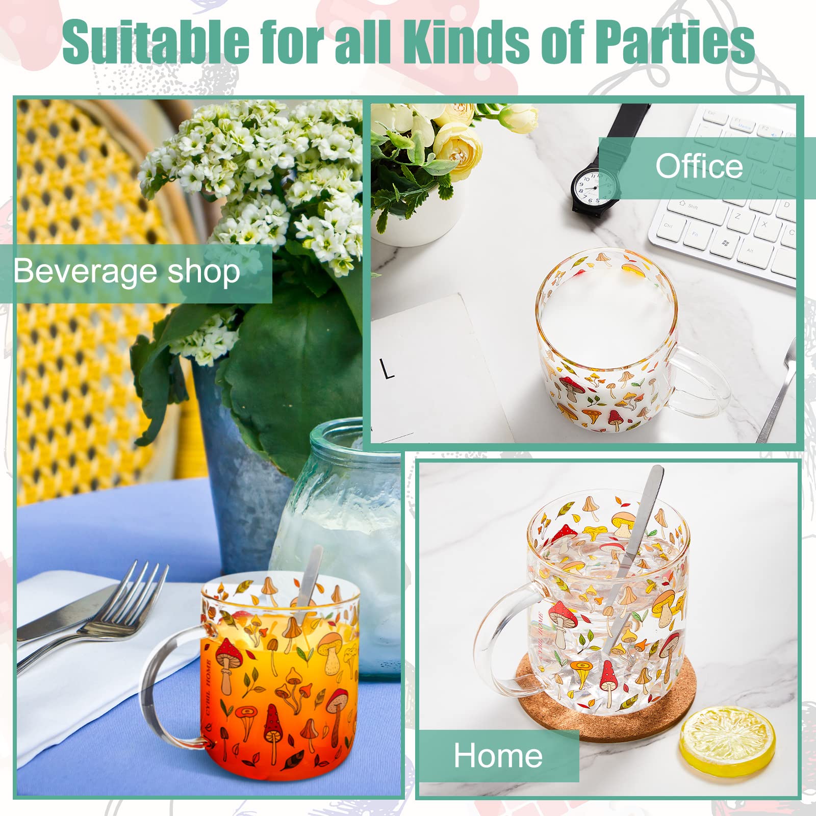 CHENGU 15 oz Clear Mushroom Glass Mug with Handle & Stainless Steel Spoon - Perfect for Coffee, Tea, Milk - Unique Gift for Christmas, Thanksgiving, Birthday - Cute Home Decor & Kitchen Accessory