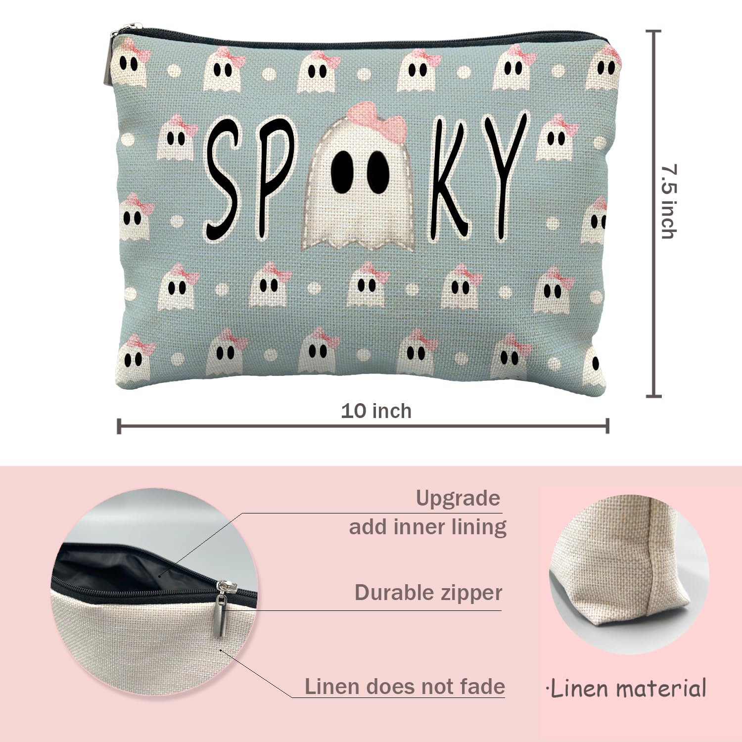 Blue & Pink Bow Halloween Makeup Bag for Women - Spooky Cosmetic Pouch - Perfect for Halloween Party, Travel & Gift Giving