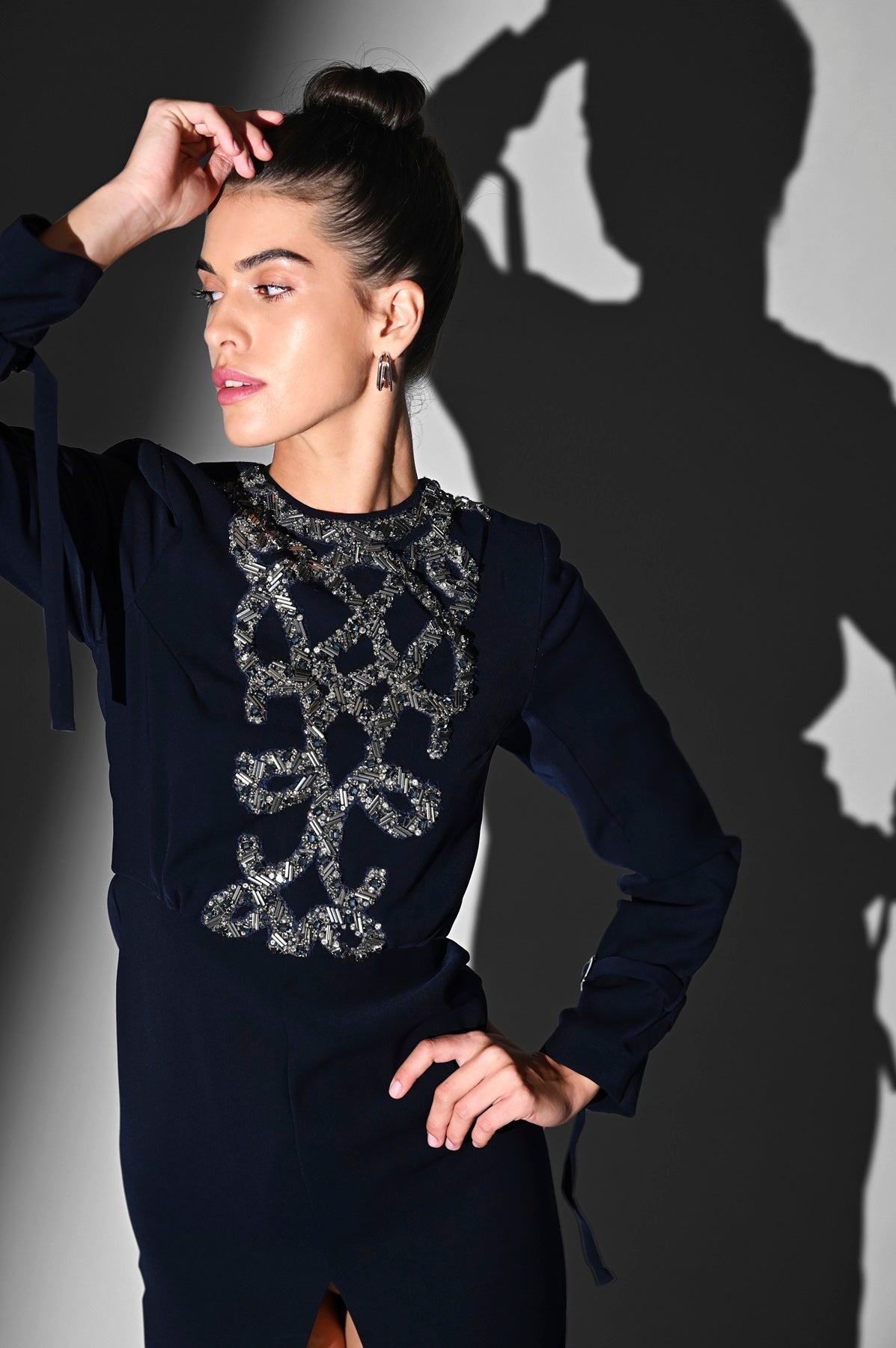 Elegant Indigo Blue Front Slit Dress with Gun Metal Embroidery - Perfect for Evening Parties, Date Nights & Special Occasions