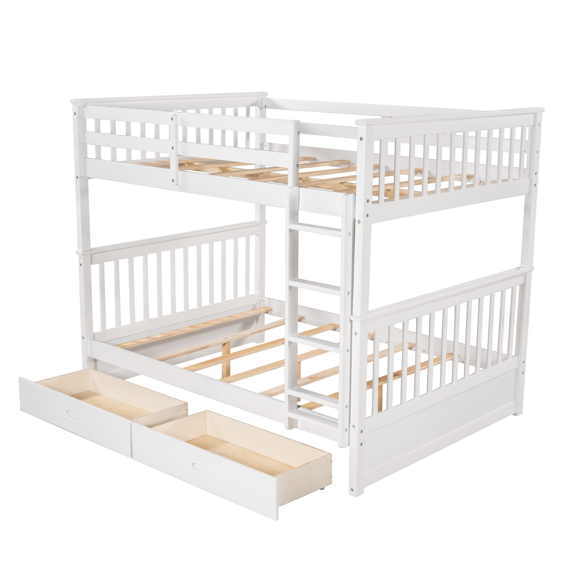 Harper & Bright Designs Full Bunk Beds with Storage Drawers - Solid Wood Detachable Full Over Full Bunk Bed Frame with Ladders & Safety Rail for Kids, Teens, Adults (White) - Perfect for Small Bedrooms, Guest Rooms & Vacation Homes