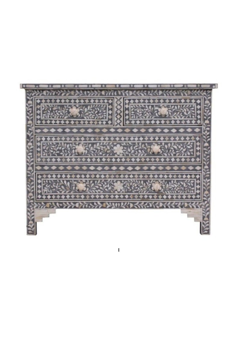 Handmade Grey Bone Inlay Dresser with Spiral Pattern - 4 Drawer Vintage Storage Chest for Bedroom, Living Room & Home Decor