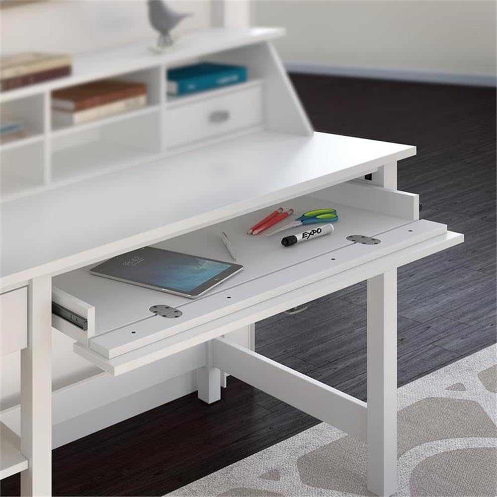 Atlin Designs Pure White Computer Desk with Shelves - Modern Home Office & Study Workstation for Small Spaces