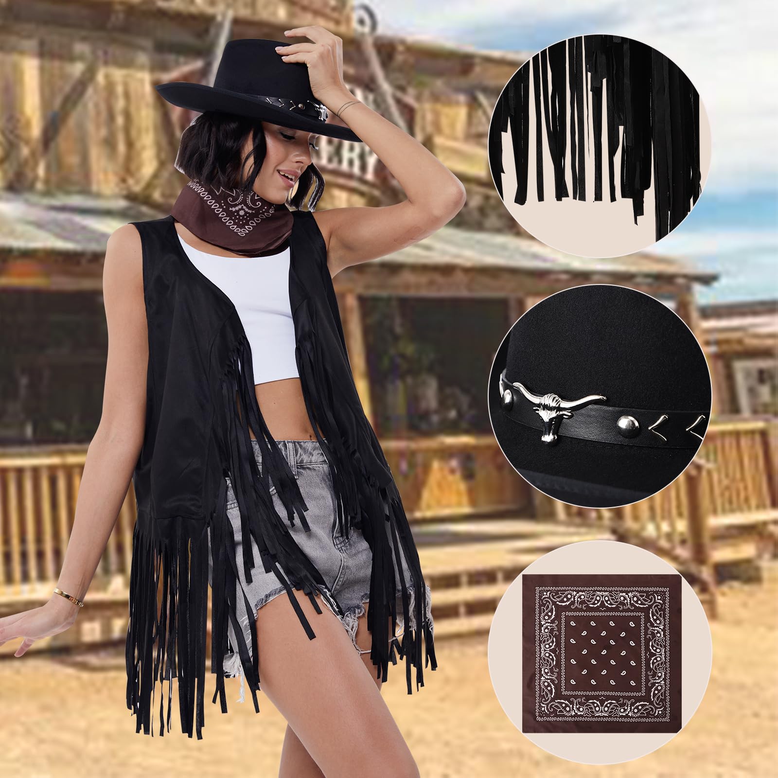 Western Outfits for Women - Cowgirl Tassel Sleeveless Vest, Cowboy Hat & Paisley Bandana Set | Rodeo, Halloween & Country Music Festival Costume