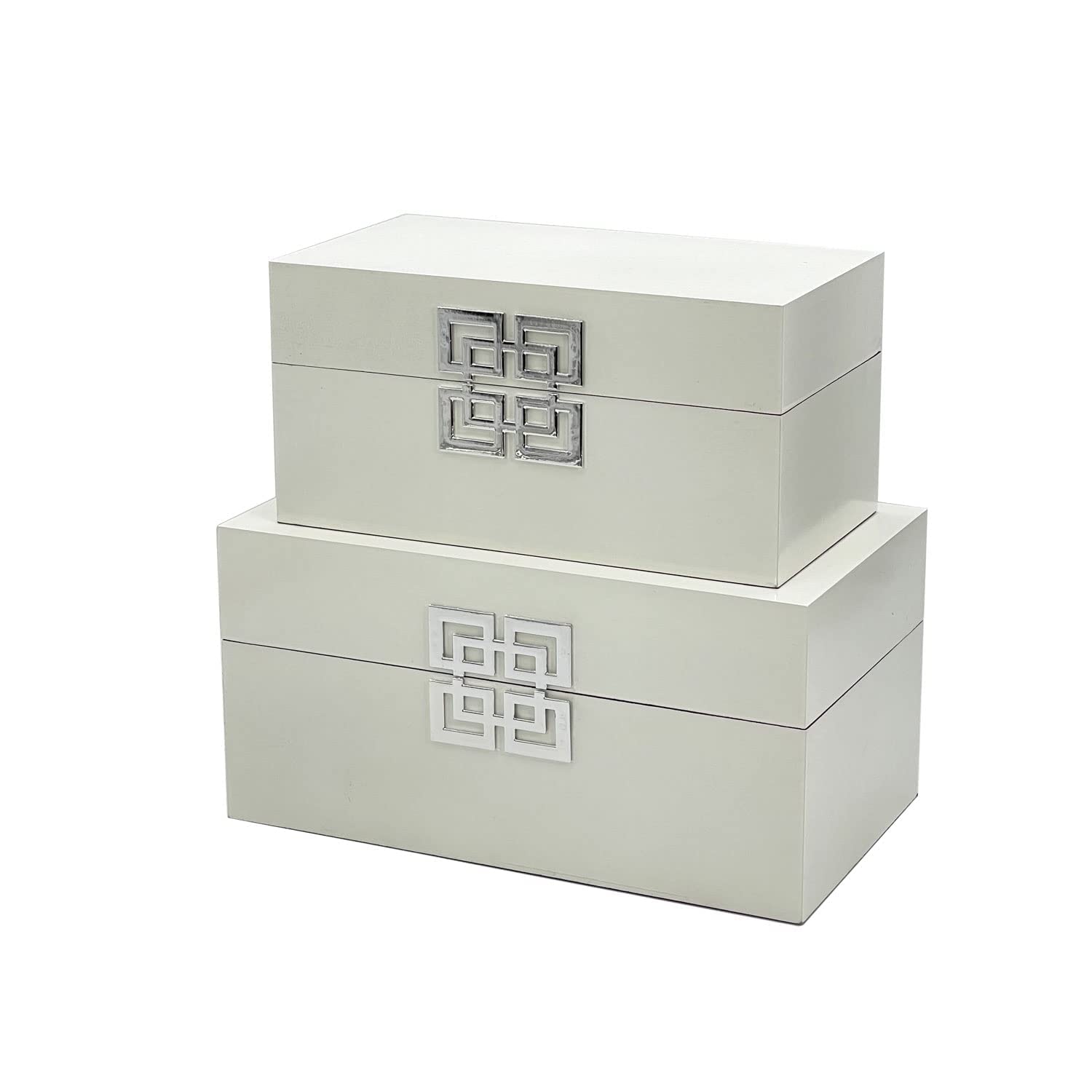 Galt International Wooden Decorative Storage Box Set with Hinged Lid & Geometric Clasp - Classic Home Decor Organizer for Bedroom, Living Room & Office - Set of 2 (White & Silver) - Perfect for Jewelry, Keepsakes & Home Organization