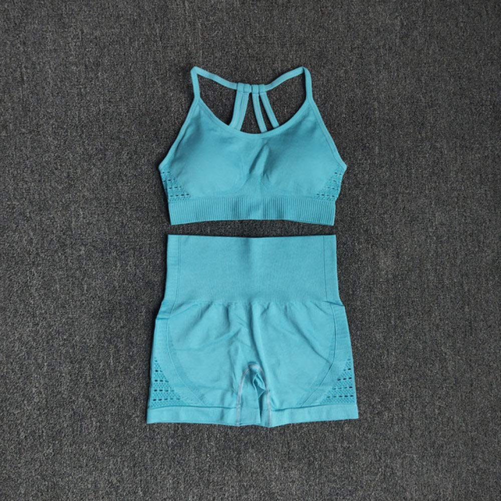 MMED Women's 2-Piece Seamless Yoga Set - High Waist Gym Shorts & Padded Strappy Sports Bra, Blue | Workout Clothes for Yoga, Pilates, Gym & Running | Breathable Activewear for Women