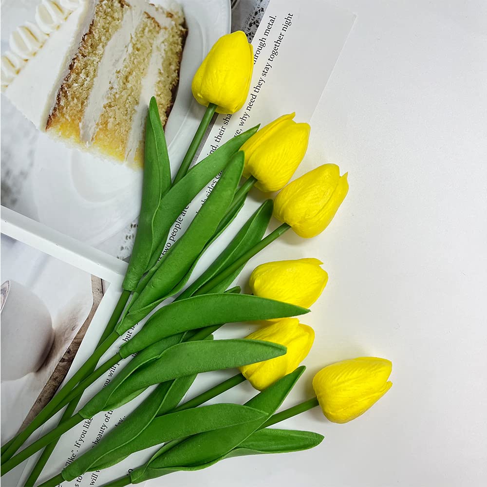 10 Pcs Realistic PU Touch Tulips Artificial Flowers - Yellow Fake Tulip Bouquets for Home, Office, Wedding Decor | Perfect for Centerpieces, Table Arrangements & Spring Party Decorations