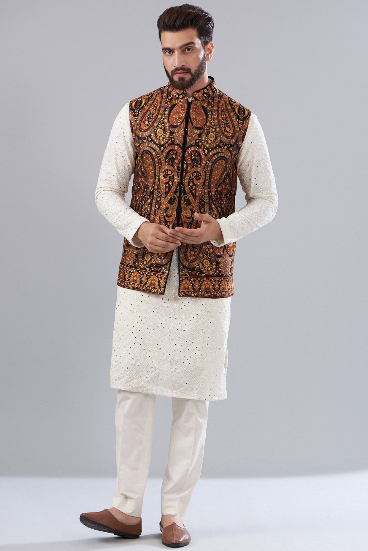 Authentic Kashmiri Embroidered Nehru Jacket for Men - Traditional Indian Wedding & Festive Wear - Elegant Ethnic Outerwear for Special Occasions