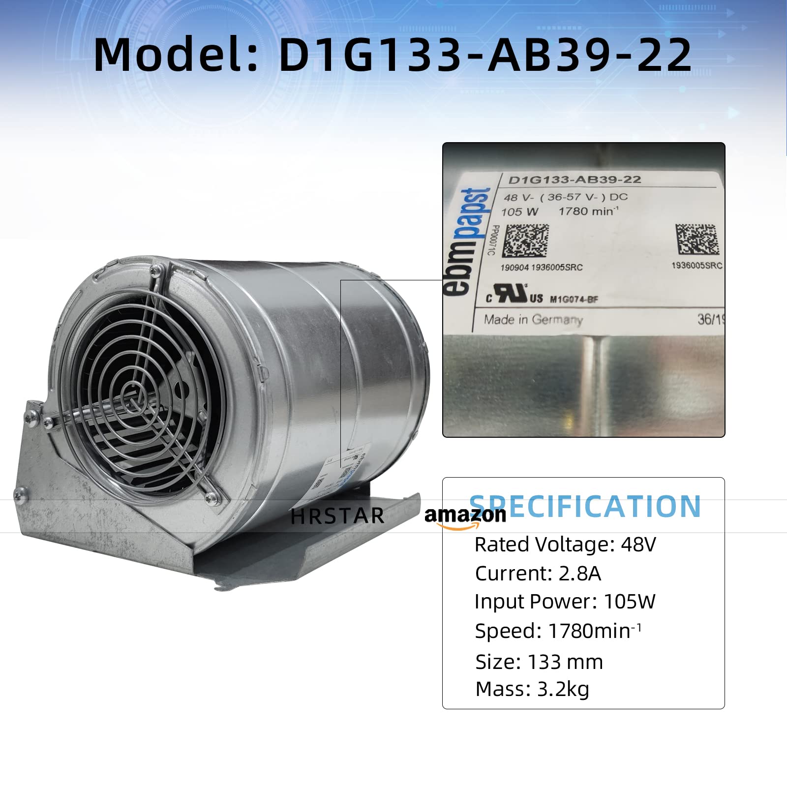 ebmpapst D1G133-AB39-22/D1G133-AB39-52 48V 105W Forward Curved Centrifugal Fan Replacement for VACON Inverter Fans - HVAC, Industrial Cooling & Ventilation Systems