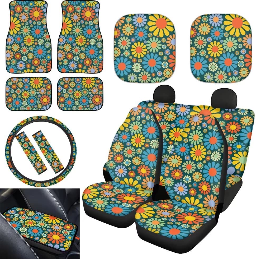 YoungerBaby Colorful Daisy Flower Car Accessories Set - Seat Covers, Sun Shade, Steering Wheel Cover, Console Pad, Seat Belt Pads & Floor Mats for Car Interior Protection | Perfect for Family Cars, SUVs and Road Trips