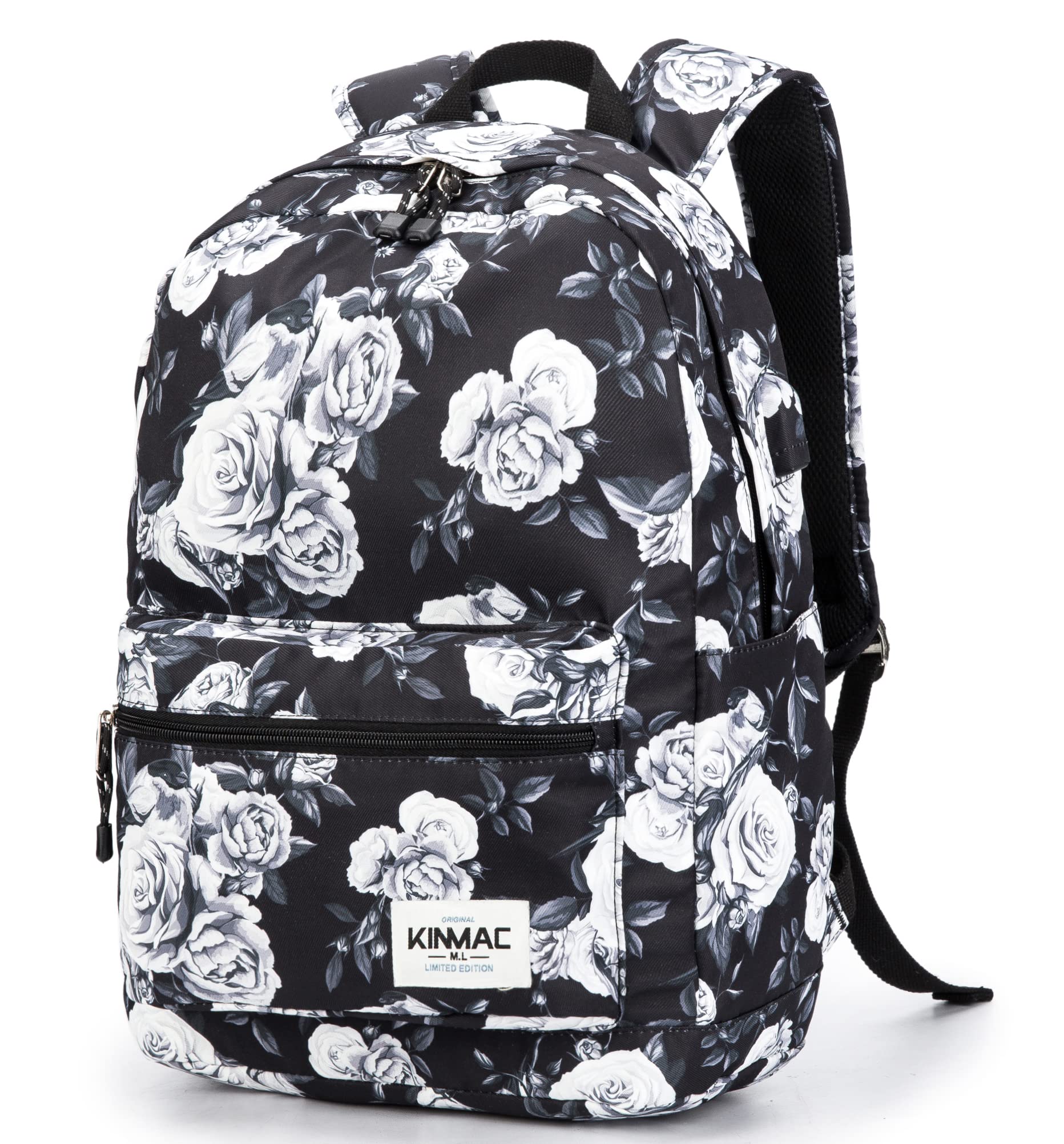 Kinmac White Rose Pattern 15 Inch Waterproof Laptop Backpack with USB Charging Port - Travel & Outdoor Computer Bag for 13, 14 & 15.6 Inch Laptops - Perfect for Work, School, Commuting & Hiking