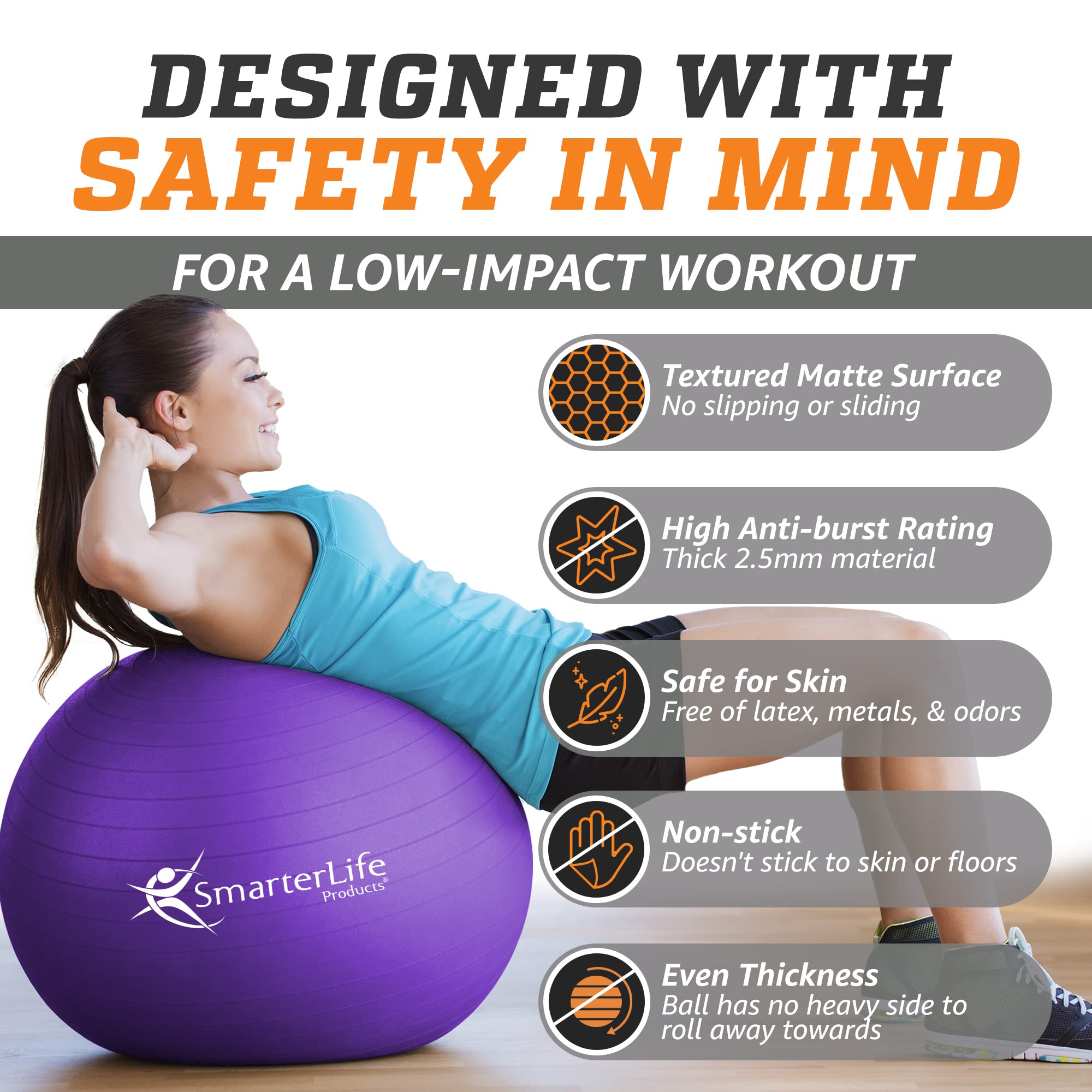 Premium Anti-Burst Exercise Ball - Yoga & Fitness Stability Ball for Core Workouts, Physical Therapy, Pregnancy & Office Chair - Non-Slip Gym Ball for Home, Gym & Yoga Studio Use