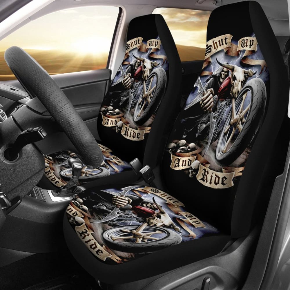 2 Pcs Gothic Skull Car Seat Covers - Universal Fit for Cars, Trucks & SUVs - Black Skull Pattern Auto Accessories for Halloween, Gothic & Punk Style Decor - Perfect for Car Interior Protection & Themed Parties