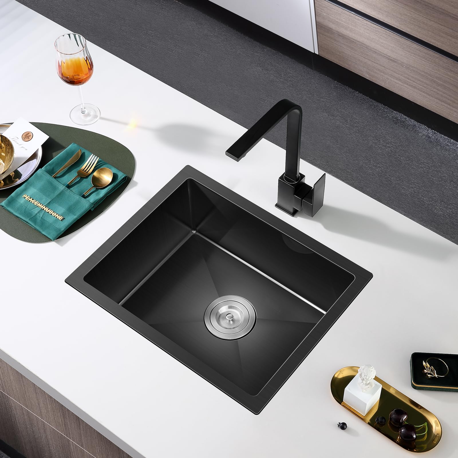 20-Inch Undermount Kitchen Sink Black - 18 Gauge Handmade Stainless Steel Single Bowl Sink (20x16x9 Inch) for Modern Kitchens, Easy Cleaning & Durable