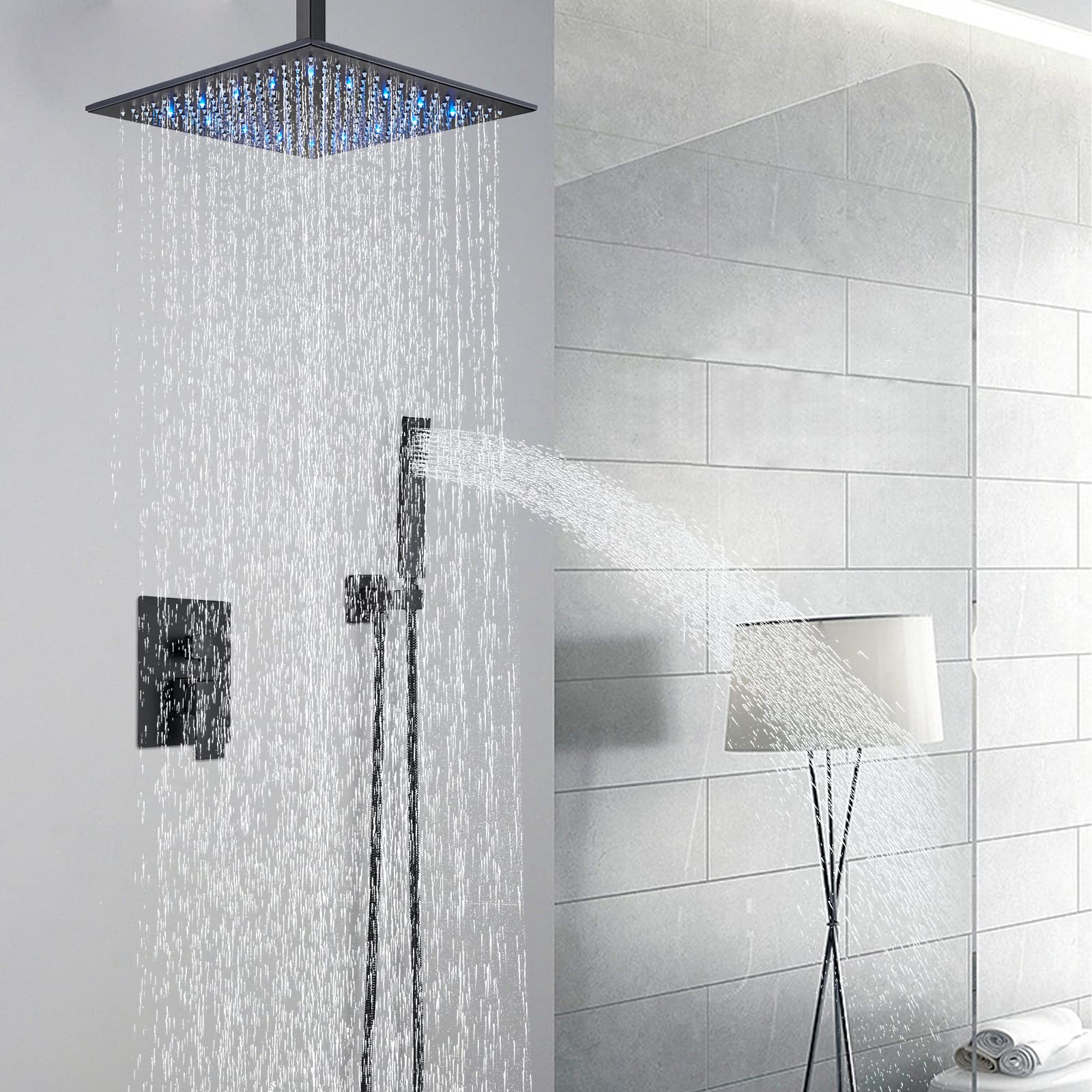 12 Inch Ceiling Mount Shower System with LED Rainfall Shower Head, Rough-in Valve, Body & Trim - Matte Black Finish for Modern Bathroom Renovations | Perfect for Spa-Like Showers and Luxury Home Upgrades