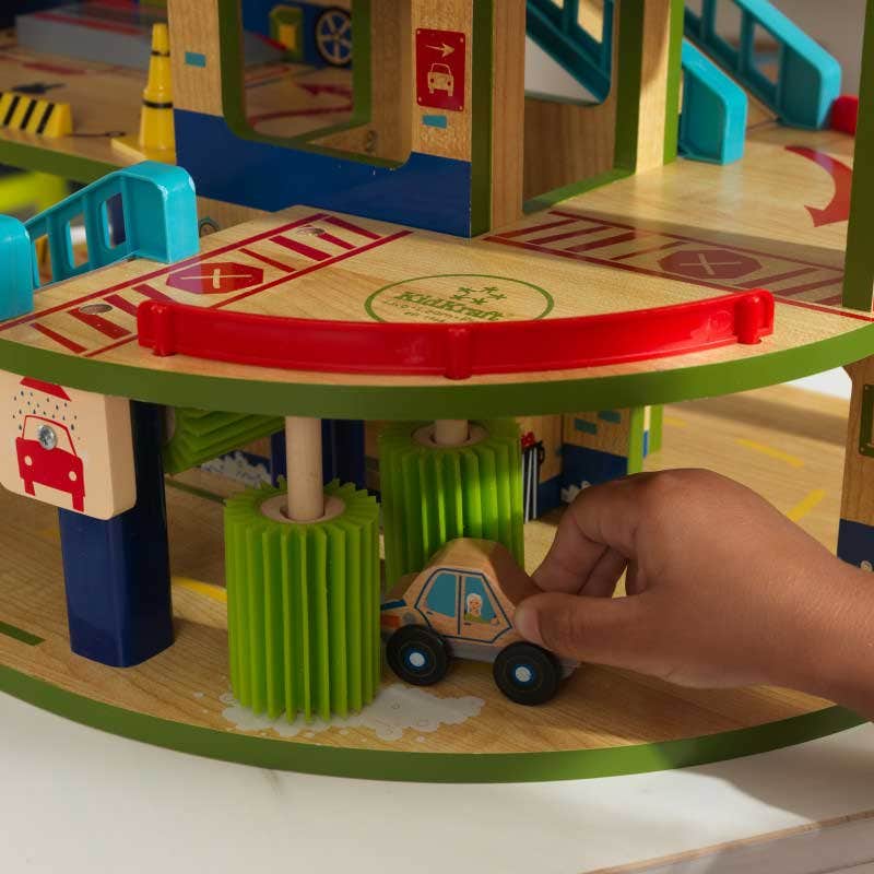 Wash n Go Wooden Car Garage Toy Set for Kids - Pretend Play Vehicle Wash Station with Parking Ramp - Perfect for Toddlers & Preschoolers (Great for Birthday Gifts & Early Learning Playtime)
