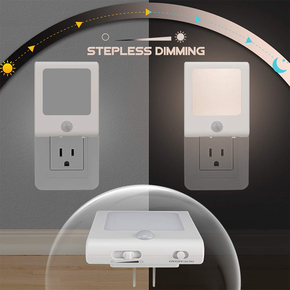 VINTAR 3 Pack Motion Sensor Dimmable LED Night Light Plug in - Auto Dusk to Dawn Sensor, Adjustable Brightness Warm White - Perfect for Hallway, Kids Room, Kitchen, Stairway, Bathroom & Nursery Night Safety Lighting