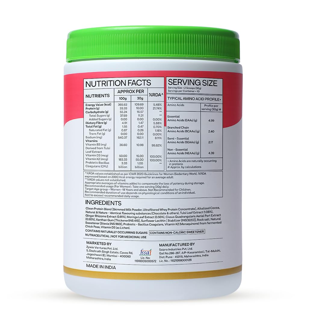 OZiva Daily Protein Activ for Women - Clean Protein Powder with Tulsi & Probiotics for Energy, Bone Health & Hormonal Balance - Chocolate Flavor (300g + Free Green Shaker) - Perfect for Post-Workout Recovery & Healthy Lifestyle