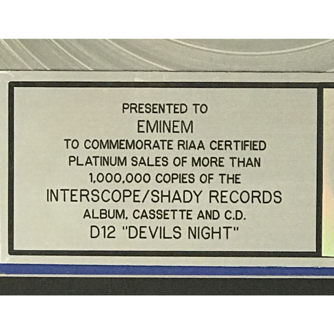 Eminem D12 Devil's Night RIAA Platinum Album Award - Rare Collectible Music Memorabilia for Fans & Display
