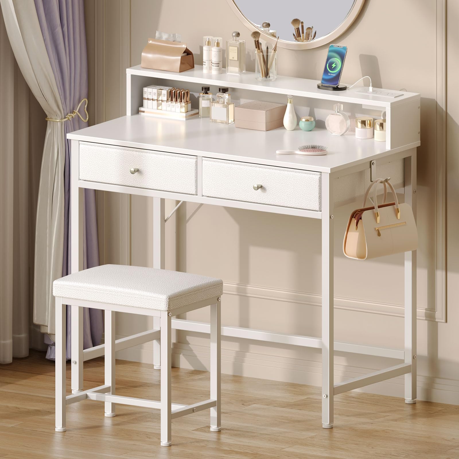 Modern White Vanity Desk Without Mirror - Makeup Vanity with Storage Drawers & USB Charging Station, Compact Bedroom Desk with Home Office Function for Small Spaces | Perfect for Makeup Organization, Remote Work & Space-Saving Bedroom Decor