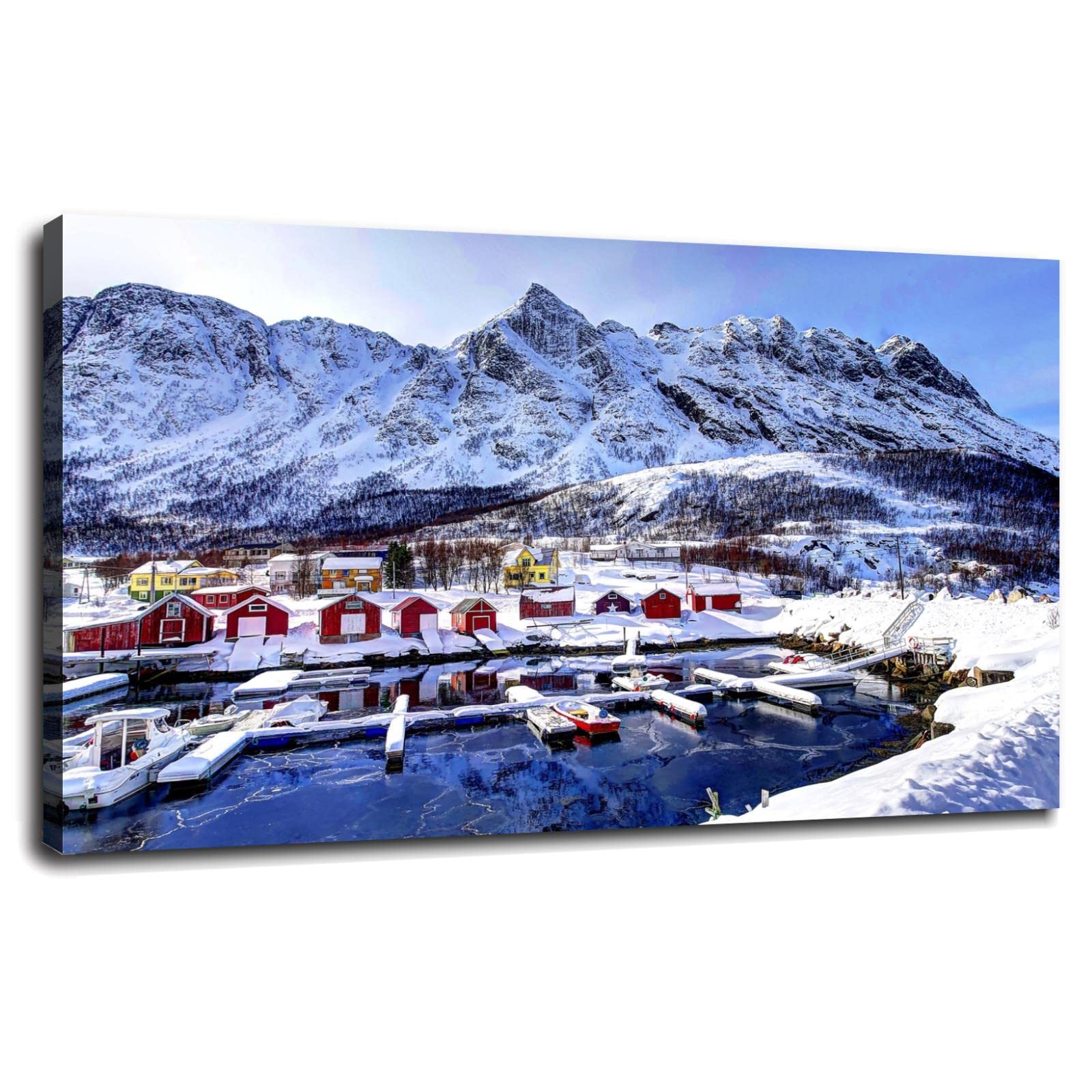 Norway Bay Mountains Winter Landscape Canvas Print - Framed 42x24 Inch Wall Art for Home & Office Decor - Perfect for Living Room, Bedroom & Workspace
