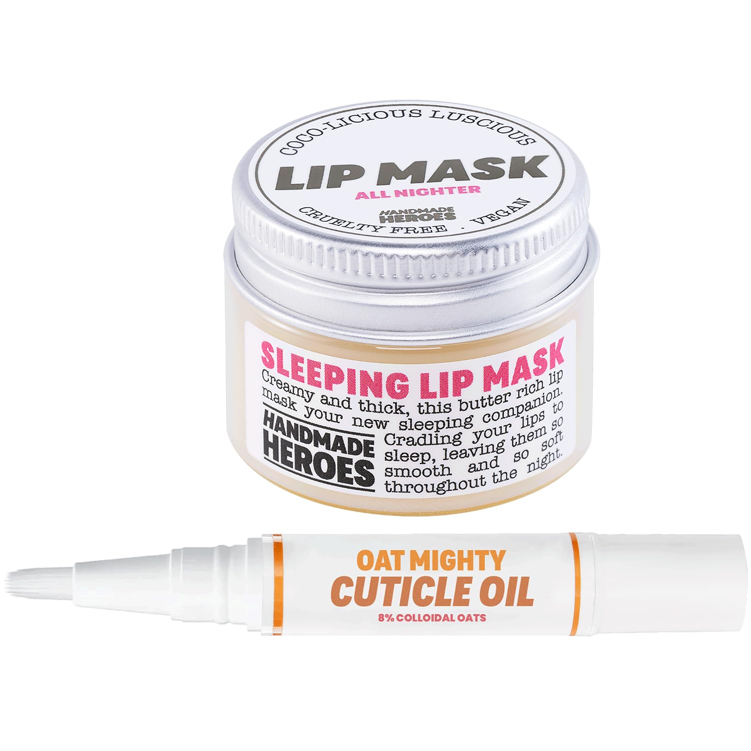 Handmade Heroes Lip Mask & Cuticle Oil Set | Organic Hydrating Lip Treatment & Nail Care Kit | Vegan, Cruelty-Free Skincare Bundle for Dry Lips & Cuticles | Perfect for Nighttime Routine & Travel Essentials