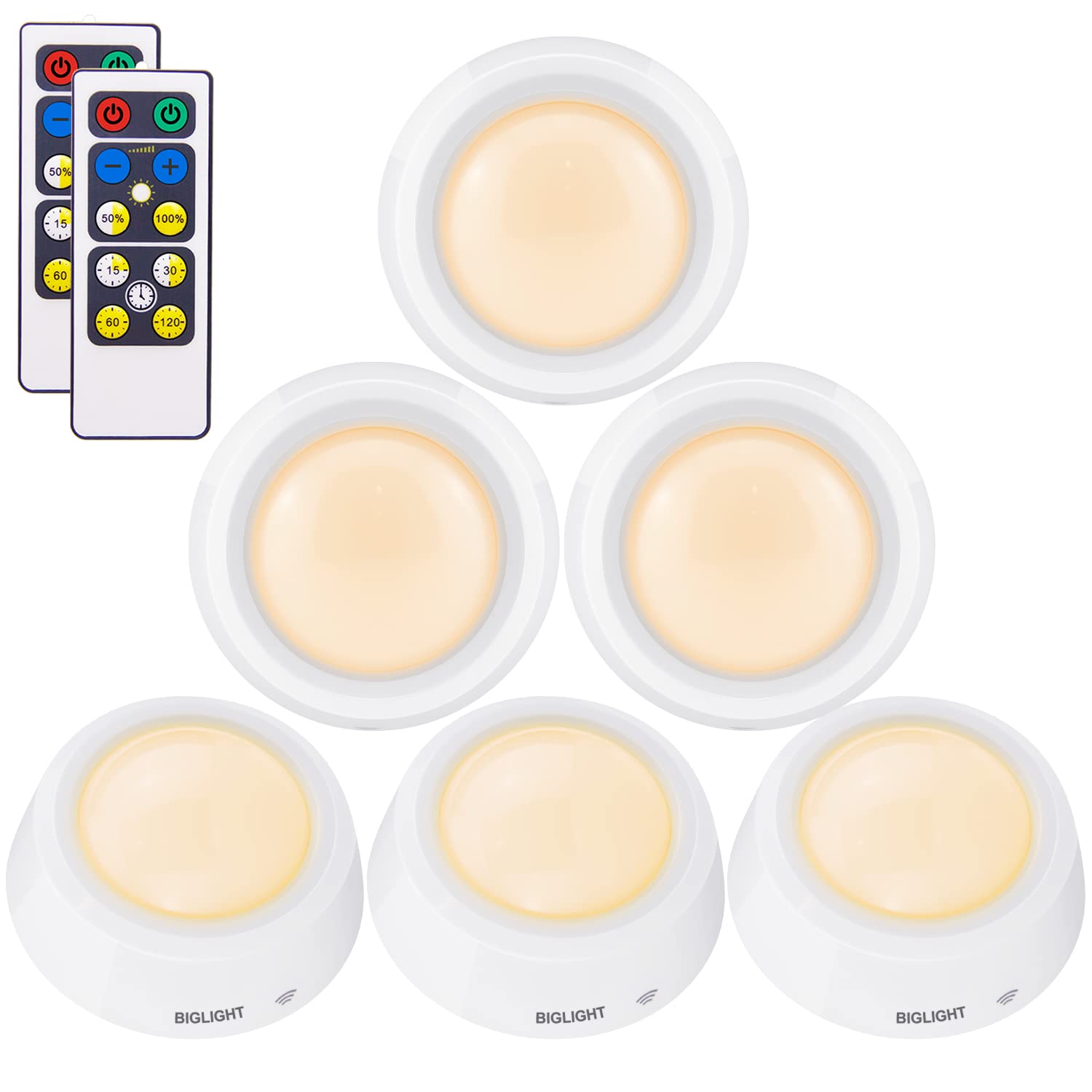 BIGLIGHT LED Closet Lights - 6 Pack Battery Operated Puck Lights with Remote Control, Dimmable Touch Switch, Easy Stick-On Installation for Cabinets, Counters & Shelves - Perfect for Home Organization, Wardrobe Lighting & Kitchen Under Cabinet Lighting