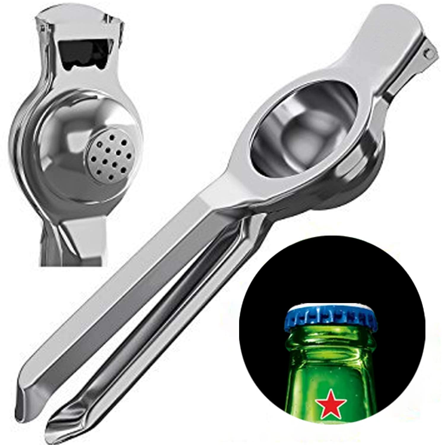 Premium 2-in-1 Manual Stainless Steel Lemon Squeezer & Juice Extractor with Bottle Opener - Silver - Perfect for Fresh Citrus Juicing, Cocktail Making & Kitchen Use